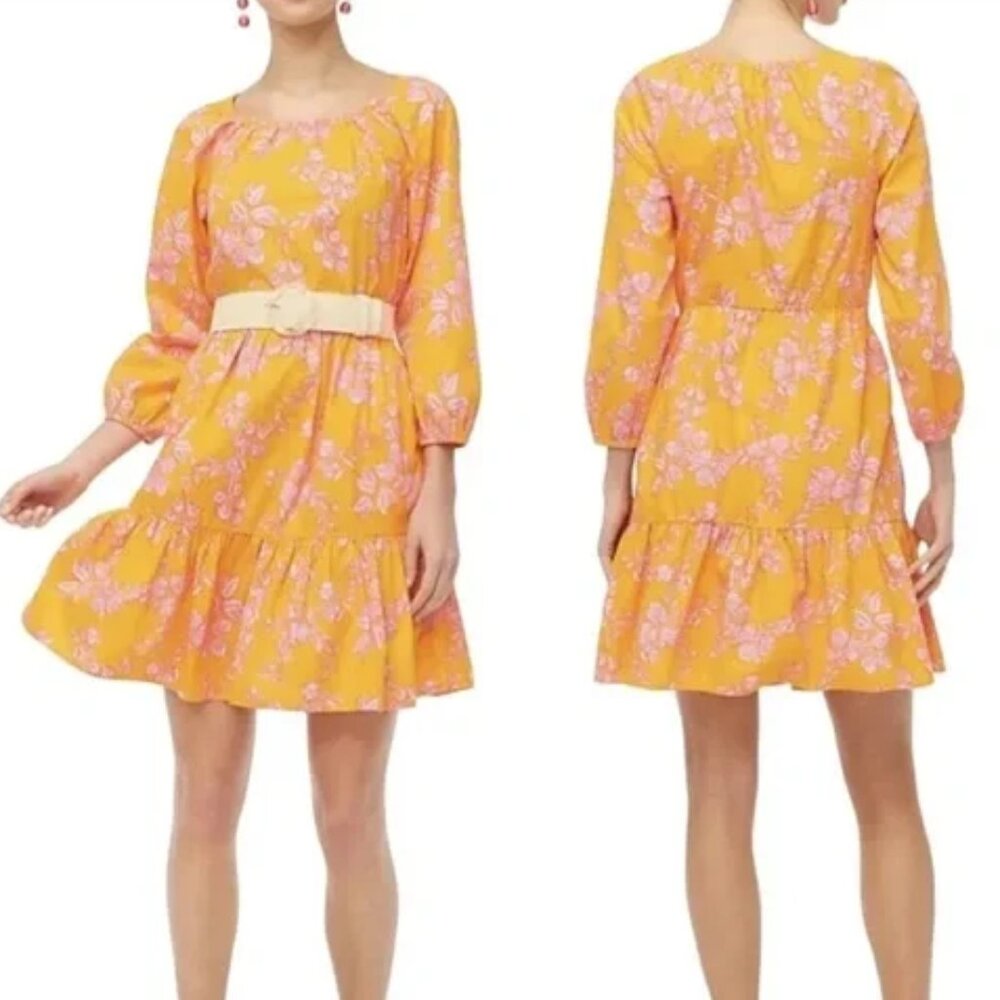 J. CREW Scoopneck Tiered Mini Orange Pink Floral Long Sleeve Dress